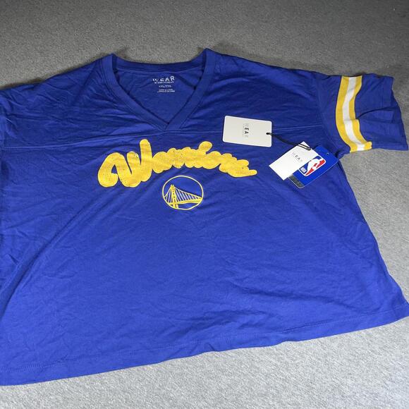 NWT NBA Womans XXL Golden State Warriors Blue Sport Crop top Shirt Yellow Stripe - Picture 4 of 8